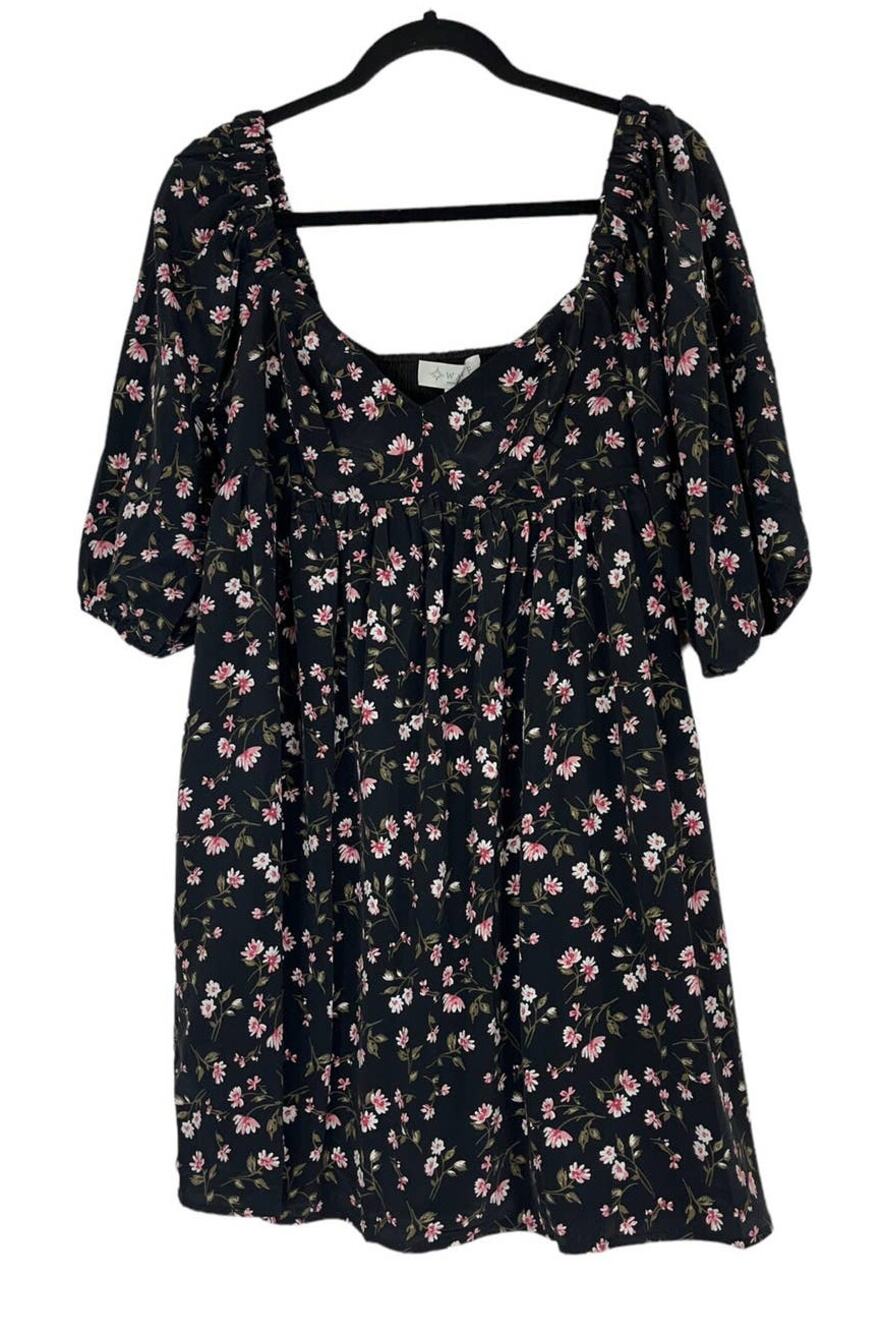 WAYF dress black floral puff sleeve babydoll